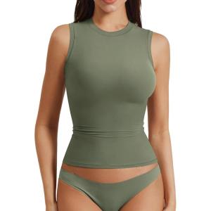 imageYEOREO Women Basic Mock Neck Workout Crop Top Sleeveless Double Lined Tank Tee Slim Fitted Ruched Going Out CamisoleArmy