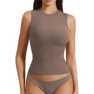 imageYEOREO Women Basic Mock Neck Workout Crop Top Sleeveless Double Lined Tank Tee Slim Fitted Ruched Going Out CamisoleBrown