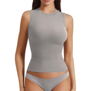 imageYEOREO Women Basic Mock Neck Workout Crop Top Sleeveless Double Lined Tank Tee Slim Fitted Ruched Going Out CamisoleGrey