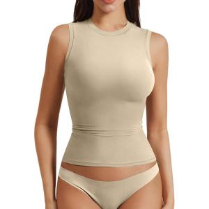 imageYEOREO Women Basic Mock Neck Workout Crop Top Sleeveless Double Lined Tank Tee Slim Fitted Ruched Going Out CamisoleKhaki