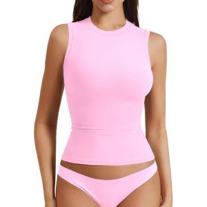 imageYEOREO Women Basic Mock Neck Workout Crop Top Sleeveless Double Lined Tank Tee Slim Fitted Ruched Going Out CamisoleLight Pink