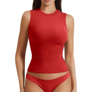 imageYEOREO Women Basic Mock Neck Workout Crop Top Sleeveless Double Lined Tank Tee Slim Fitted Ruched Going Out CamisoleRed