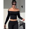 imageYEOREO Sophie Women Off Shoulder Long Sleeve Shirts Double Lined Basic Undershirt Y2K Going Out TopsBlack