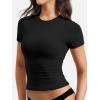 imageYEOREO Women Fitted Workout Tops Short Sleeve Double Lined Basic Y2K Going Out Crew Neck Compression Crop TopBlack