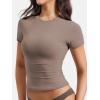 imageYEOREO Women Fitted Workout Tops Short Sleeve Double Lined Basic Y2K Going Out Crew Neck Compression Crop TopBrown