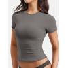 imageYEOREO Women Fitted Workout Tops Short Sleeve Double Lined Basic Y2K Going Out Crew Neck Compression Crop TopCoal