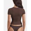imageYEOREO Women Fitted Workout Tops Short Sleeve Double Lined Basic Y2K Going Out Crew Neck Compression Crop TopCoffee