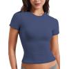 imageYEOREO Women Fitted Workout Tops Short Sleeve Double Lined Basic Y2K Going Out Crew Neck Compression Crop TopDark Blue
