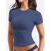 imageYEOREO Women Fitted Workout Tops Short Sleeve Double Lined Basic Y2K Going Out Crew Neck Compression Crop TopDark Blue