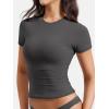 imageYEOREO Women Fitted Workout Tops Short Sleeve Double Lined Basic Y2K Going Out Crew Neck Compression Crop TopDark Grey
