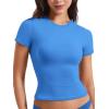imageYEOREO Women Fitted Workout Tops Short Sleeve Double Lined Basic Y2K Going Out Crew Neck Compression Crop TopLight Blue