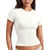 imageYEOREO Women Fitted Workout Tops Short Sleeve Double Lined Basic Y2K Going Out Crew Neck Compression Crop TopPearl