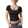 imageYEOREO Womens Tops Short Sleeve Going Out T Shirts Scoop Neck Slim Fit Double Lined Pattiy Crop TopsBlack