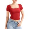 imageYEOREO Womens Tops Short Sleeve Going Out T Shirts Scoop Neck Slim Fit Double Lined Pattiy Crop TopsRed