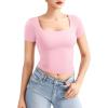 imageYEOREO Womens Tops Short Sleeve Going Out T Shirts Scoop Neck Slim Fit Double Lined Pattiy Crop TopsSakura Pink