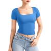 imageYEOREO Womens Tops Short Sleeve Going Out T Shirts Scoop Neck Slim Fit Double Lined Pattiy Crop TopsSea Blue
