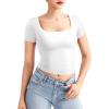 imageYEOREO Womens Tops Short Sleeve Going Out T Shirts Scoop Neck Slim Fit Double Lined Pattiy Crop TopsWhite