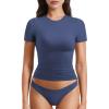 imageYEOREO Women Fitted Workout Tops Short Sleeve Double Lined Basic Y2K Going Out Crew Neck Compression Crop TopDark Blue