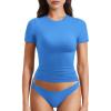 imageYEOREO Women Fitted Workout Tops Short Sleeve Double Lined Basic Y2K Going Out Crew Neck Compression Crop TopLight Blue
