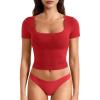 imageYEOREO Womens Tops Short Sleeve Going Out T Shirts Scoop Neck Slim Fit Double Lined Pattiy Crop TopsRed