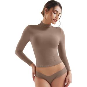 imageYEOREO Long Sleeve Workout Crop Mock Thermal Turtle Neck Double Lined Base Tops Shirts Women Sariah Y2k UndershirtBrown