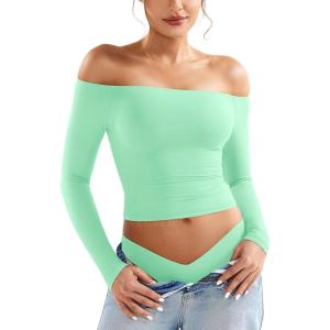 imageYEOREO Sophie Women Off Shoulder Long Sleeve Shirts Double Lined Basic Undershirt Y2K Going Out TopsAvocado Green