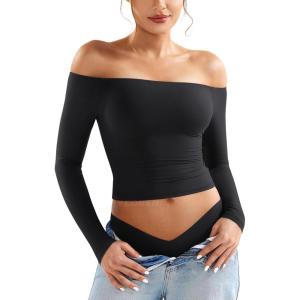 imageYEOREO Sophie Women Off Shoulder Long Sleeve Shirts Double Lined Basic Undershirt Y2K Going Out TopsBlack