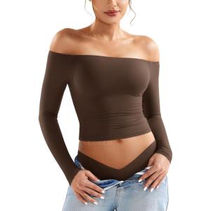 imageYEOREO Sophie Women Off Shoulder Long Sleeve Shirts Double Lined Basic Undershirt Y2K Going Out TopsBrown