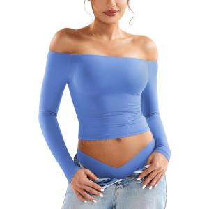 imageYEOREO Sophie Women Off Shoulder Long Sleeve Shirts Double Lined Basic Undershirt Y2K Going Out TopsCharming Blue
