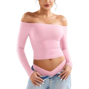 imageYEOREO Sophie Women Off Shoulder Long Sleeve Shirts Double Lined Basic Undershirt Y2K Going Out TopsCherry Pink