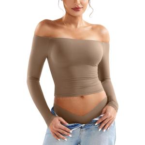 imageYEOREO Sophie Women Off Shoulder Long Sleeve Shirts Double Lined Basic Undershirt Y2K Going Out TopsCoffee