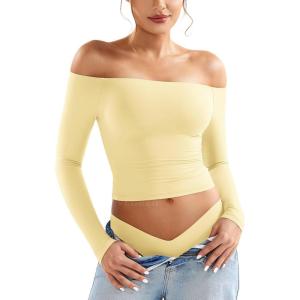 imageYEOREO Sophie Women Off Shoulder Long Sleeve Shirts Double Lined Basic Undershirt Y2K Going Out TopsCreamy Yellow