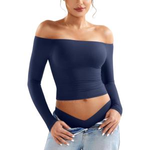 imageYEOREO Sophie Women Off Shoulder Long Sleeve Shirts Double Lined Basic Undershirt Y2K Going Out TopsDeep Blue