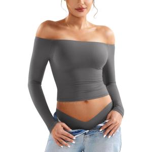 imageYEOREO Sophie Women Off Shoulder Long Sleeve Shirts Double Lined Basic Undershirt Y2K Going Out TopsGrey