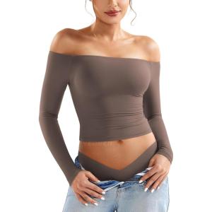 imageYEOREO Sophie Women Off Shoulder Long Sleeve Shirts Double Lined Basic Undershirt Y2K Going Out TopsMocha