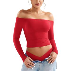 imageYEOREO Sophie Women Off Shoulder Long Sleeve Shirts Double Lined Basic Undershirt Y2K Going Out TopsRed