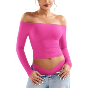 imageYEOREO Sophie Women Off Shoulder Long Sleeve Shirts Double Lined Basic Undershirt Y2K Going Out TopsRose Pink