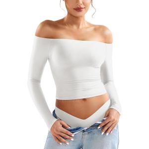 imageYEOREO Sophie Women Off Shoulder Long Sleeve Shirts Double Lined Basic Undershirt Y2K Going Out TopsWhite