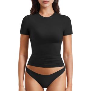 imageYEOREO Women Fitted Workout Tops Short Sleeve Double Lined Basic Y2K Going Out Crew Neck Compression Crop TopBlack