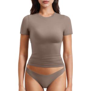 imageYEOREO Women Fitted Workout Tops Short Sleeve Double Lined Basic Y2K Going Out Crew Neck Compression Crop TopBrown