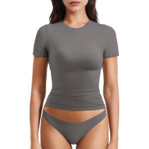 imageYEOREO Women Fitted Workout Tops Short Sleeve Double Lined Basic Y2K Going Out Crew Neck Compression Crop TopCoal
