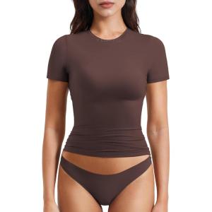 imageYEOREO Women Fitted Workout Tops Short Sleeve Double Lined Basic Y2K Going Out Crew Neck Compression Crop TopCoffee