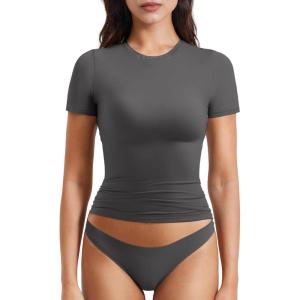 imageYEOREO Women Fitted Workout Tops Short Sleeve Double Lined Basic Y2K Going Out Crew Neck Compression Crop TopDark Grey