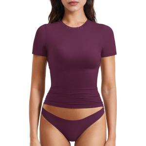 imageYEOREO Women Fitted Workout Tops Short Sleeve Double Lined Basic Y2K Going Out Crew Neck Compression Crop TopDeep Berry