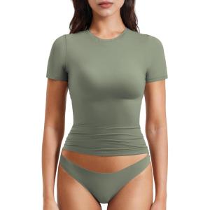 imageYEOREO Women Fitted Workout Tops Short Sleeve Double Lined Basic Y2K Going Out Crew Neck Compression Crop TopGreen