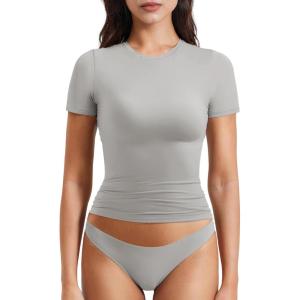 imageYEOREO Women Fitted Workout Tops Short Sleeve Double Lined Basic Y2K Going Out Crew Neck Compression Crop TopGrey