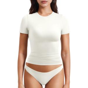 imageYEOREO Women Fitted Workout Tops Short Sleeve Double Lined Basic Y2K Going Out Crew Neck Compression Crop TopPearl