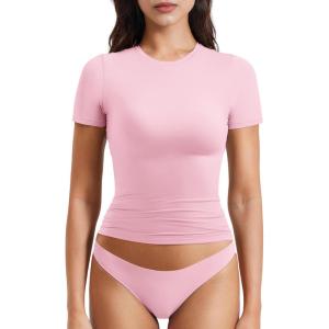 imageYEOREO Women Fitted Workout Tops Short Sleeve Double Lined Basic Y2K Going Out Crew Neck Compression Crop TopPink