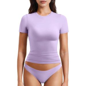 imageYEOREO Women Fitted Workout Tops Short Sleeve Double Lined Basic Y2K Going Out Crew Neck Compression Crop TopPurple