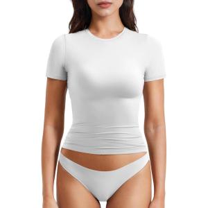 imageYEOREO Women Fitted Workout Tops Short Sleeve Double Lined Basic Y2K Going Out Crew Neck Compression Crop TopWhite